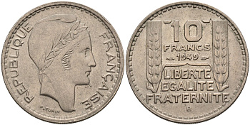 Франция 10 франков 1949 В, тип Пьер Турин, Petite Tete KM 909.2, Le Franc 362.7 медно-никель 81-1134