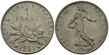 Франция 1 франк 1961 сеятель KM 925 никель 4135-816
