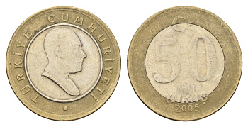 Турция 50 новых курушей 2005 Кемаль Ататюрк KM 1168 биметалл 4675-213