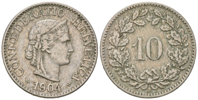 Швейцария 10 раппенов 1904 B KM 27 медно-никель 4164-1011