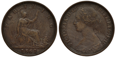 Великобритания 1 фартинг 1861 Виктория (1837-1901) KM 747.2, Spink 3958 бронза 4114-735