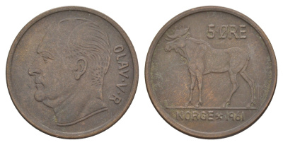 Норвегия 5 эре 1961 Улаф V (1957-1991) KM 405 бронза 4633-957