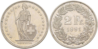 Швейцария 2 франка 1991 В KM 21а.3 медно-никель 00-00