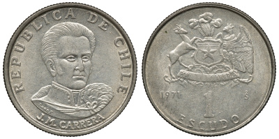Чили 1 эскудо 1971 Хосе Мигель Каррера KM 197 медно-никель 4118-236