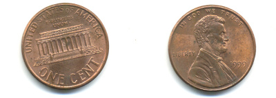 США 1 цент 1999 Авраам Линкольн KM 201b цинк плакированный медью UNC 179-519