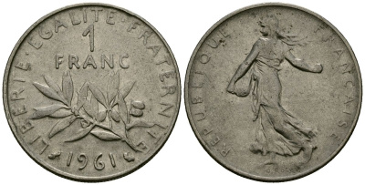 Франция 1 франк 1961 сеятель KM 925 никель 4135-816