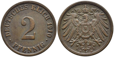 ГЕРМАНИЯ 2 ПФЕННИГА 1910 D KM 16, Jager 11, Weege 4 медь 4546-656