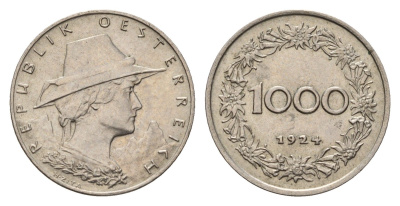 Австрия 1000 крон 1924 год-тип KM 2834 медно-никель aUNC 4669-657