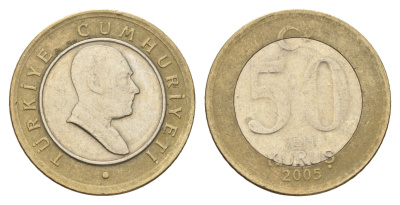 Турция 50 новых курушей 2005 Кемаль Ататюрк KM 1168 биметалл 4675-213