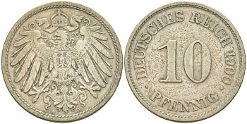 Германия 10 пфеннигов 1900 A KM 12, J. 13, Weege 8 медно-никель 261-1354