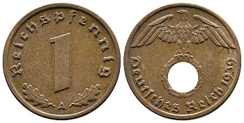 Германия 1 рейхспфенниг 1939 A KM 89, J. 361 бронза    220-335