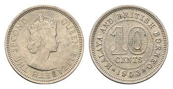 Британская Малайя 10 центов 1953 Елизавета II (1952-2022) KM 2 медно-никель 4659-1238