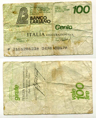Италия 100 лир 1977 Banco Lariano, сенть универмагов spa Italia, 1 февраля 1977 бумага 8588-17-4-1