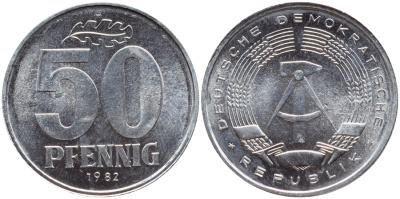 ГДР 50 ПФЕННИГОВ 1982 А KM 12.2 алюминий UNC 4391-412