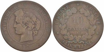 ФРАНЦИЯ 10 САНТИМОВ 1876 A, ТРЕТЬЯ РЕСПУБЛИКА (1871-1940) KM 815.1, LA FRANC 135.15 бронза 97-615