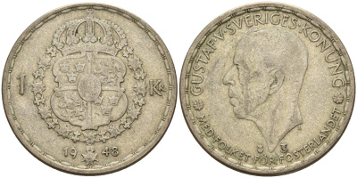 Швеция 1 крона 1948 TS, Густав V (1907-1950) KM 814 серебро 4148-1054