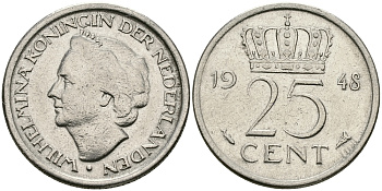 НИДЕРЛАНДЫ 25 ЦЕНТОВ 1948 ВИЛЬГЕЛЬМИНА KM 178 никель 46-1921