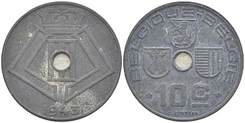 БЕЛЬГИЯ 10 САНТИМОВ 1943 BELGIQUE-BELGIE, ГЕРМАНСКАЯ ОККУПАЦИЯ, ВТОРАЯ МИРОВАЯ ВОЙНА KM 125 цинк 217-132