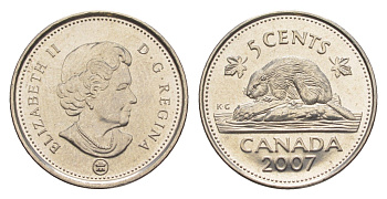 Канада 5 центов 2007 Leaf, Елизавета II (1952-2022), бобр KM 491 сталь плакированная никелем UNC 4636-632