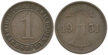 Германия 1 рейхспфенниг 1931 A KM 37, J. 313 бронза 4576-621