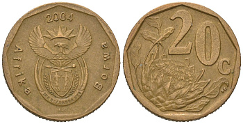 ЮАР 20 центов 2004 KM 328 сталь плакированная бронзой 4621-558