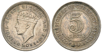 Британская Малайя 5 центов 1945 KM 3a серебро UNC 4615-967
