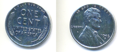 США 1 цент 1943 S (Сан-Франциско), Авраам Линкольн KM 132a сталь плакированная цинком 4392-721