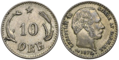 ДАНИЯ 10 ЭРЕ 1875 КРИСТИАН IX (1863-1906), ПРОБА 400 KM 795.1 серебро VF+ 4549-1147