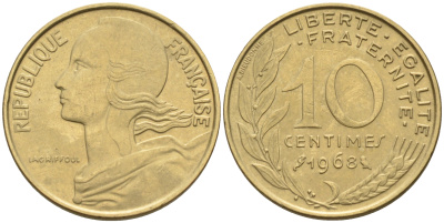 Франция 10 сантимов 1968 тип Марианна KM 929 медь алюминий никель 4594-1156