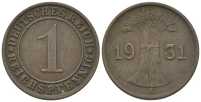 Германия 1 рейхспфенниг 1931 A KM 37, J. 313 бронза 4576-621