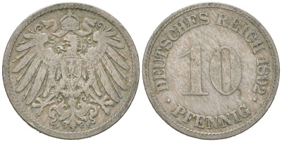 Германия 10 пфеннигов 1892 F, Вильгельм II (1888-1918) KM 12, J. 13 медно-никель 4615-743