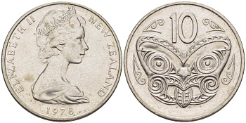 Новая Зеландия 10 центов 1978 Елизавета II (1952-2022), маска маори KM 41.1 медно-никель 210-1125