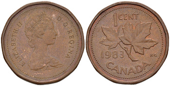 КАНАДА 1 ЦЕНТ 1983 КЛЕНОВЫЙ ЛИСТ, ЕЛИЗАВЕТА II KM 132 бронза 57-1258