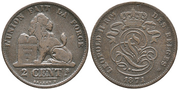 БЕЛЬГИЯ 2 САНТИМА 1871 KM 35.1 медь 34-337