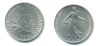 ФРАНЦИЯ 1 ФРАНК 1974 СЕЯТЕЛЬ KM 925.1 никель 57-235