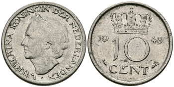 Нидерланды 10 центов 1948 Вильгельмина (1895-1948) KM 177 никель 96-524