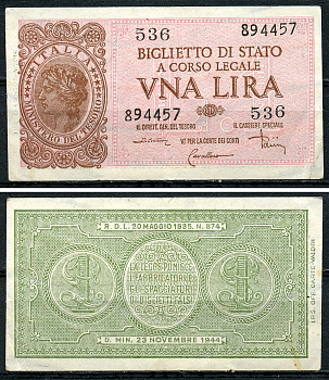 Италия 1 лира 1944 подписи Di Cristina, Cavallaro, Parisi Pick 29 c, Grapanzano BS 8  бумага  aUNC 8614-6-4-2