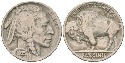 США 5 центов 1935 S, индеец, бизон KM 134 медно-никель 4614-1226