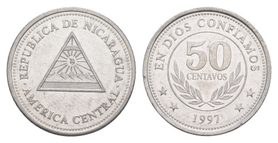 Никарагуа 50 сентаво 1997 KM 88 хромированная сталь UNC 4640-1043