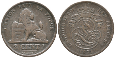 БЕЛЬГИЯ 2 САНТИМА 1871 KM 35.1 медь 34-337