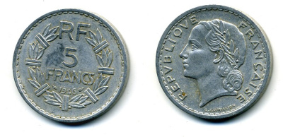 ФРАНЦИЯ 5 ФРАНКОВ 1946 KM 888b.1 алюминий 36-1012