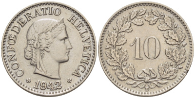 ШВЕЙЦАРИЯ 10 РАППЕНОВ 1942 В KM 27 медно-никель 31-1222