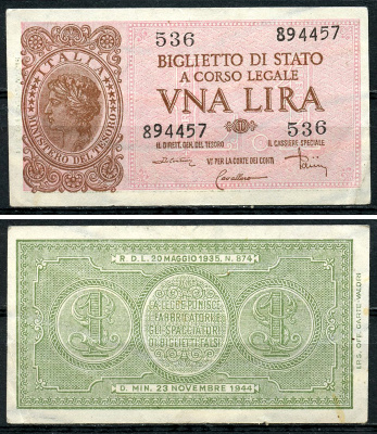 Италия 1 лира 1944 подписи Di Cristina, Cavallaro, Parisi Pick 29 c, Grapanzano BS 8  бумага  aUNC 8614-6-4-2