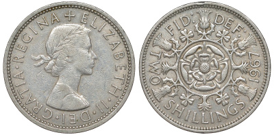 Великобритания 2 шиллинга (флорин) 1967 Елизавета II (1952-2022) KM 906, Spink 4146 медно-никель 51-2741
