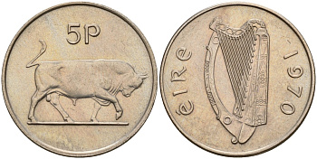 Ирландия 5 пенсов 1970 бык KM 22 медно-никель 4141-253