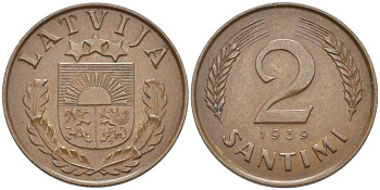 ЛАТВИЯ 2 САНТИМА 1939 ПЕРВАЯ РЕСПУБЛИКА (1918-1939) KM 11.2 бронза 119-144