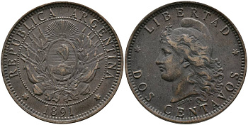 Аргентина 2 сентаво 1891 голова свободы влево KM 8 бронза 4531-1045