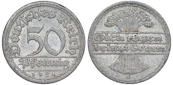 Германия 50 пфеннигов 1921 A KM 27, J. 301 алюминий 4114-451