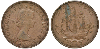 Великобритания 1/2 пенни 1967 Елизавета II (1952-2022) KM 896, Spink 4158 бронза 72-411