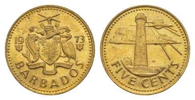Барбадос 5 центов 1973 маяк Саут-Пойнт KM 11 латунь UNC 4649-621
